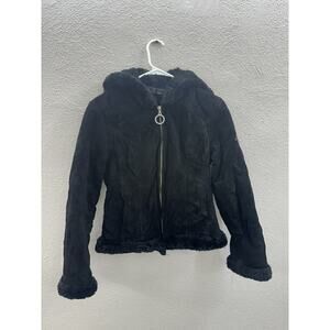 Baby Phat Womens Jacket Size Small Black Leather Faux Fur Lined Hooded ZipUp Y2K